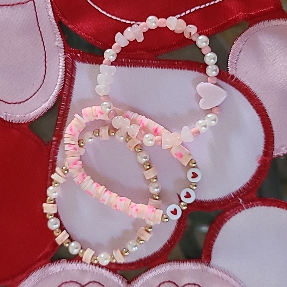 Valentines Day Bracelet Set Pink Gold Pearls Clay Heishi Bracelet Heart Handmade
